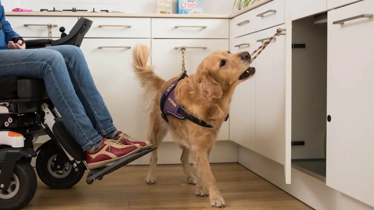 Assistentiehond van KNGF Geleidehonden opent keukenkastje voor haar baas in rolstoel